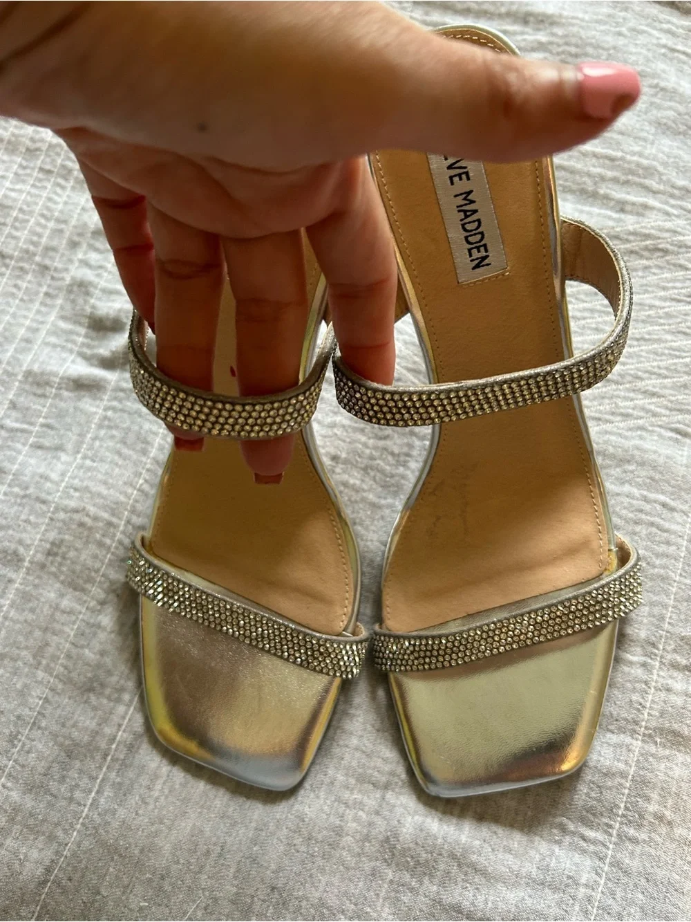 Steve Madden Vacate Silver Rhinestone Stiletto Sandals Square Toe Heels  9.5